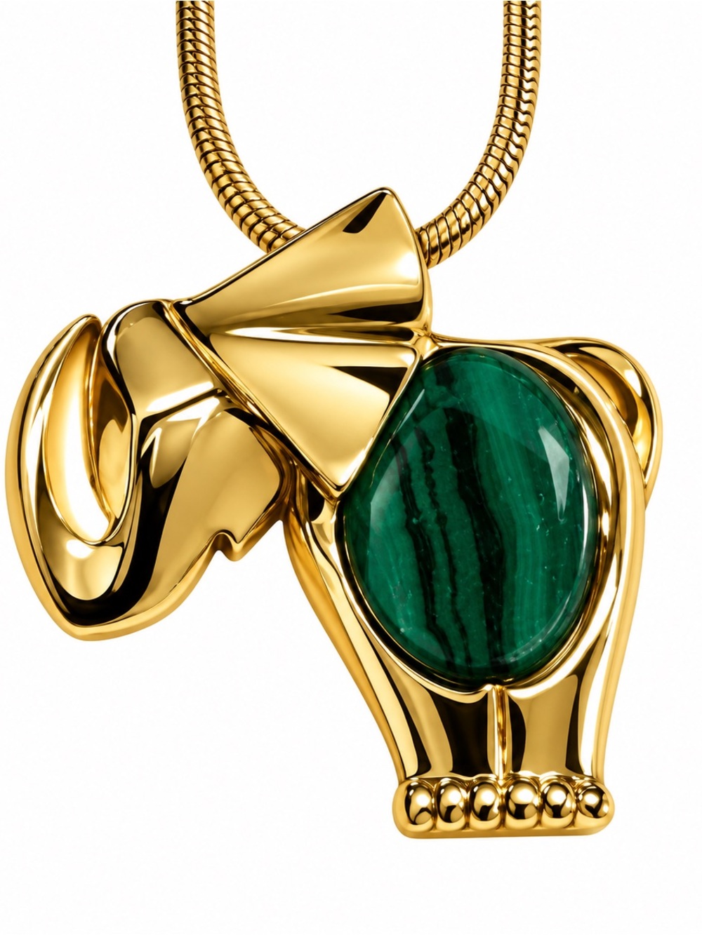 Vintage Gold Tone Elephant Pendant Necklace Green Cabochon Snake Chain